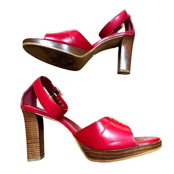 Franco Sarto red leather platform high heels sandals gold buckles US 8M - Picture 4 of 12